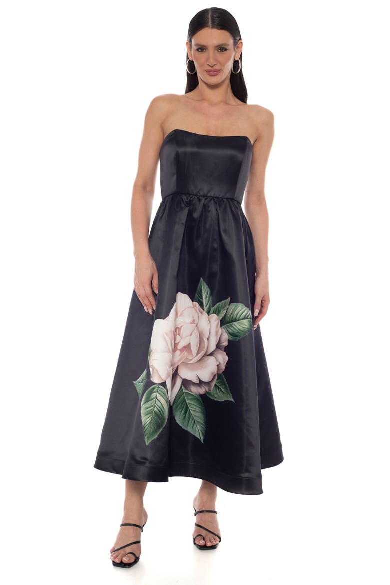 Floral Strapless Satin Midi Gown with Scarf, Alternate, color, BLACK