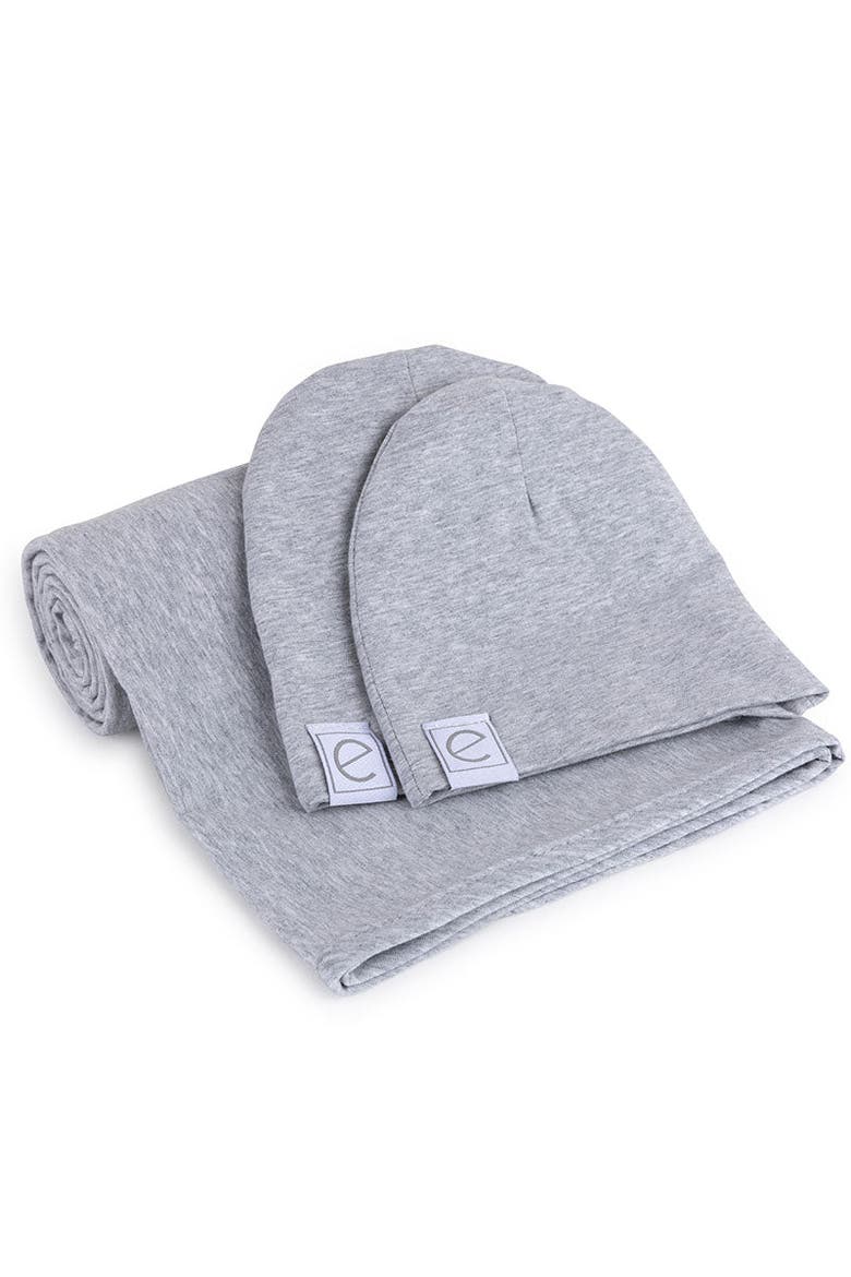 Jersey Knit Cotton Swaddle Blanket and Beanie Gift Set, Main, color, Heather Grey