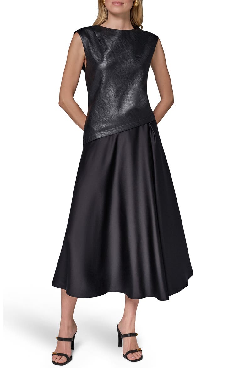 Faux Leather Mixed Media Midi Dress, Main, color, BLACK