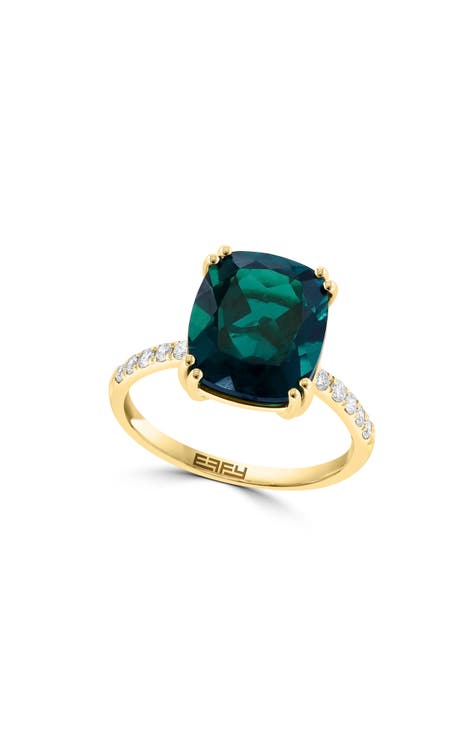 14K Yellow Gold Lab Created Emerald & Lab Created Diamond Ring - 0.20ct. - Size 7