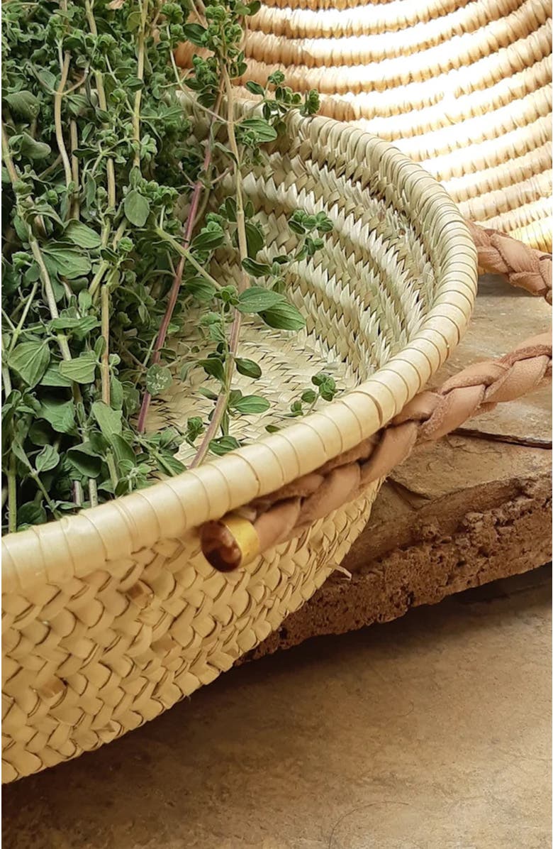 Alcantara Frederic Handwoven Palm Tray with Leather Handles, Alternate, color, Natural