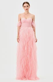 Bariano Lili Off Shoulder Ruffle Gown