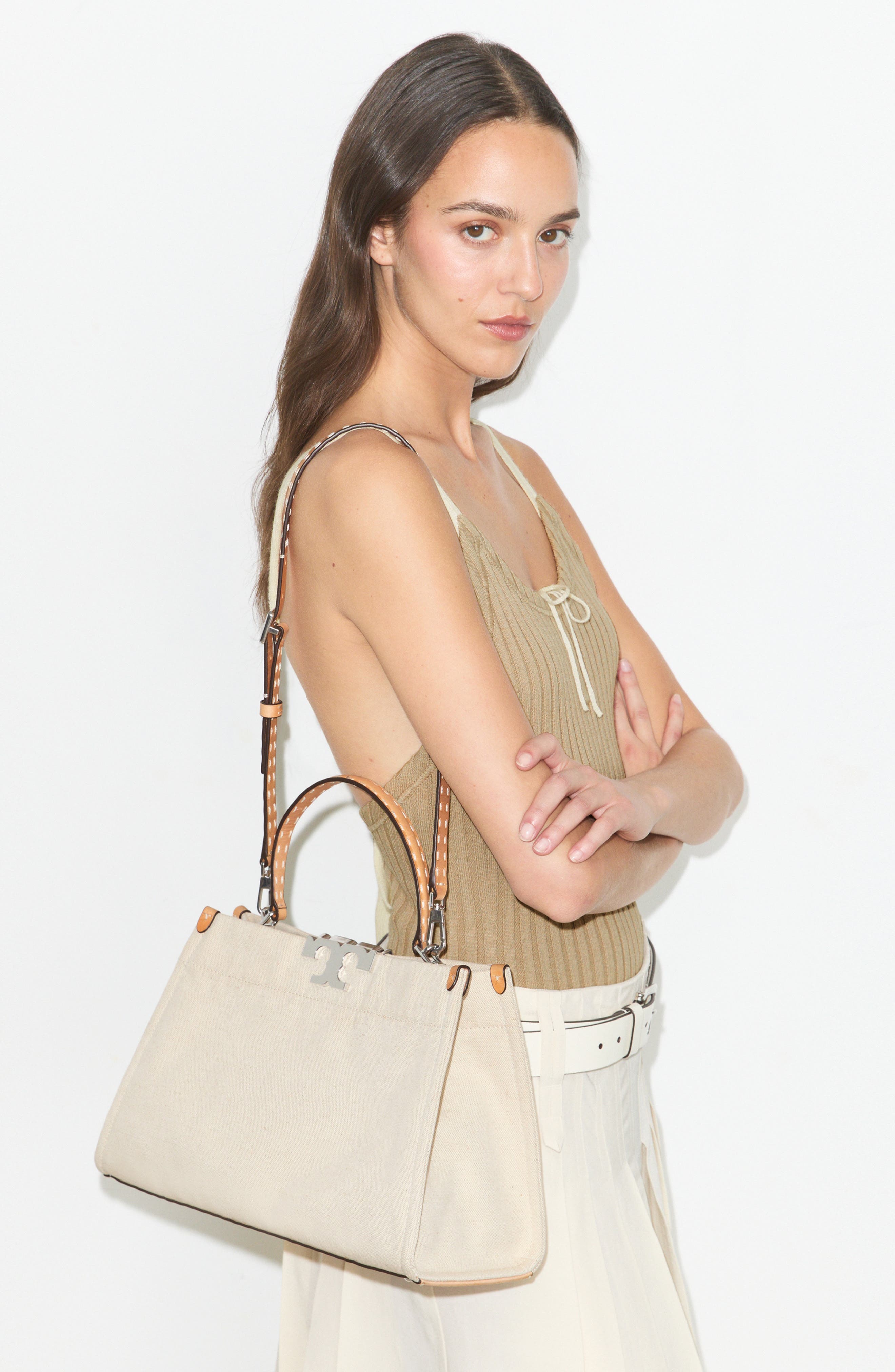 Tory Burch Mini Eleanor Canvas Satchel, Alternate, color, Natural