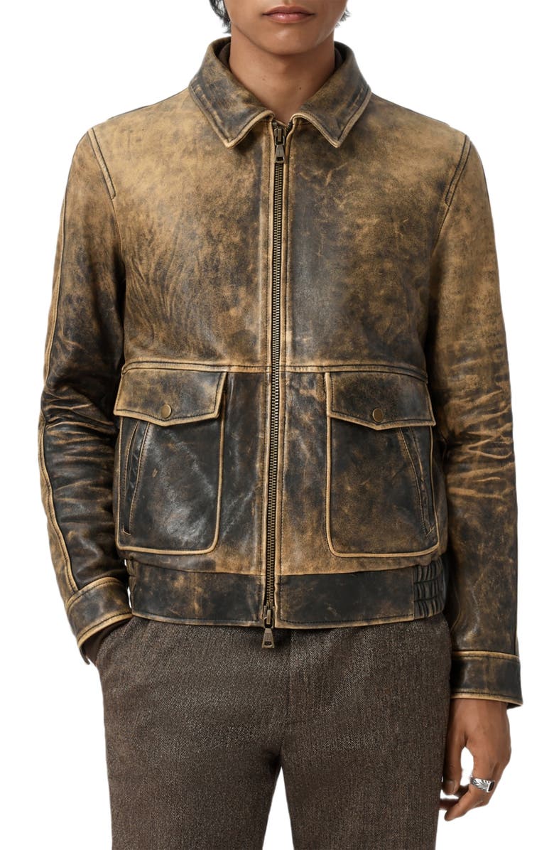 John Varvatos Atlas Distressed Leather Jacket with Removable Genuine Shearling Collar, Main, color, Dark Tan