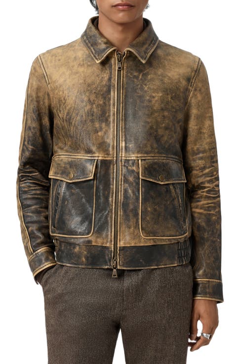 Atlas Distressed Leather Jacket with Removable Genuine Shearling Collar
