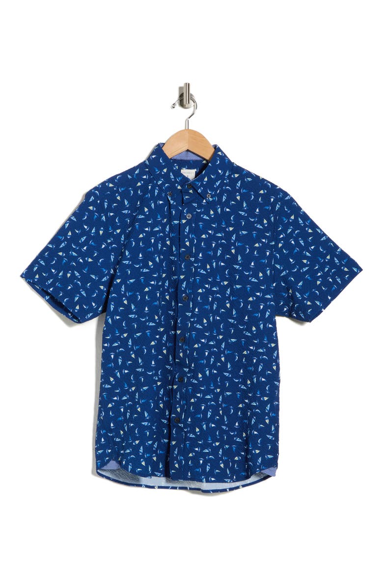 Sailboat Seersucker Button-Down Shirt, Alternate, color, NAVY/ YELLOW
