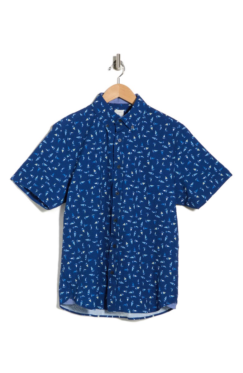CONSTRUCT Sailboat Seersucker Button-Down Shirt, Alternate, color, Navy/ Yellow