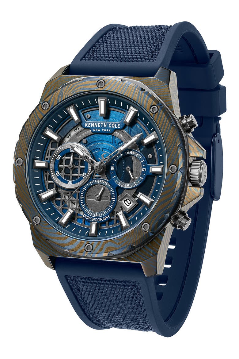 The Hollis Blue Chronograph Silicone & Nylon Strap Watch, 45mm, Alternate, color, NAVY / BLUE DARK