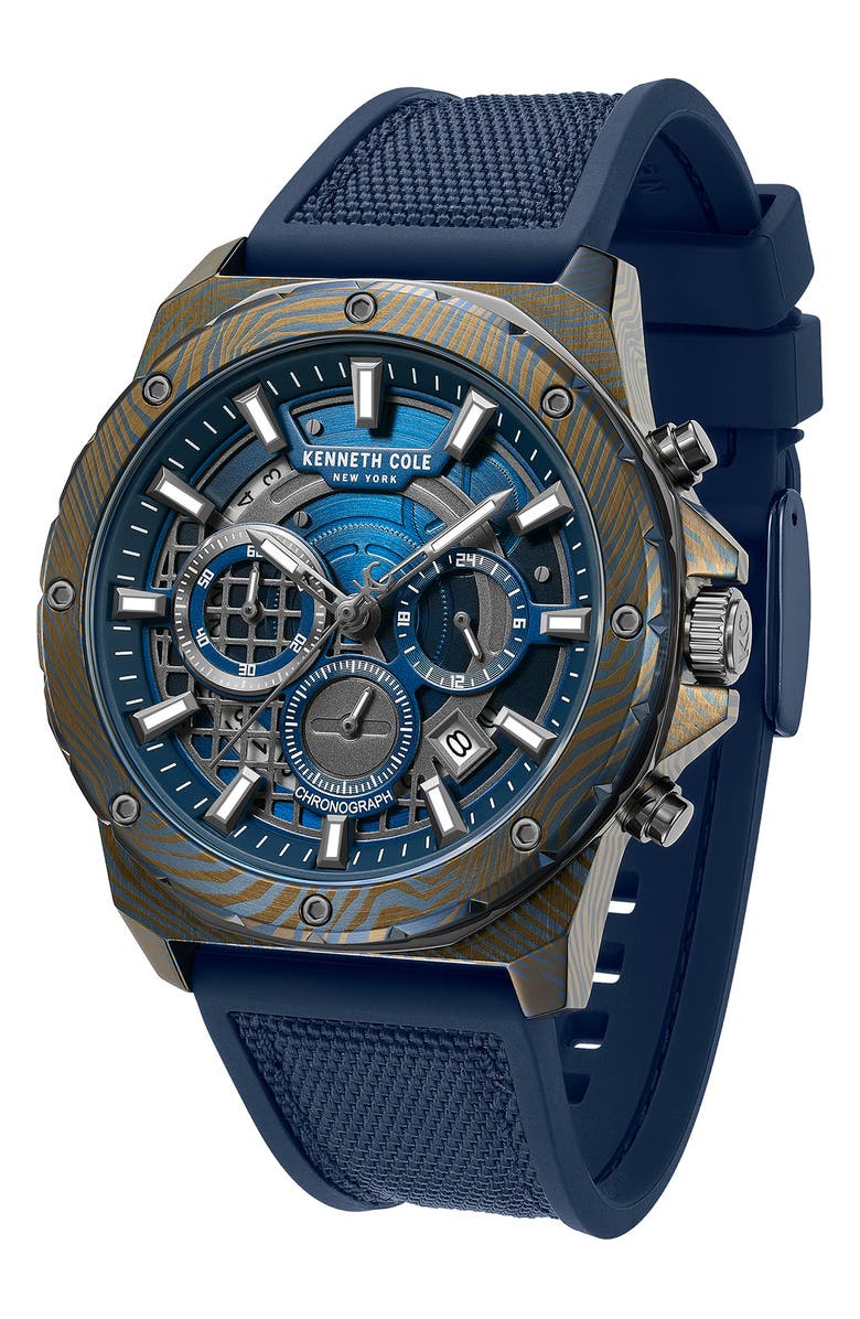 Kenneth Cole New York The Hollis Blue Chronograph Silicone & Nylon Strap Watch, 45mm, Alternate, color, Navy / Blue Dark