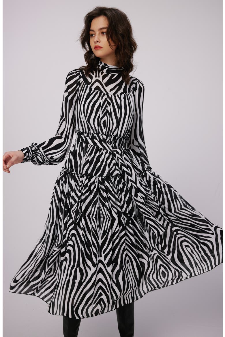 Kent Zebra Print Long Sleeve Midi Dress, Alternate, color, ZEBRA IVORY LG
