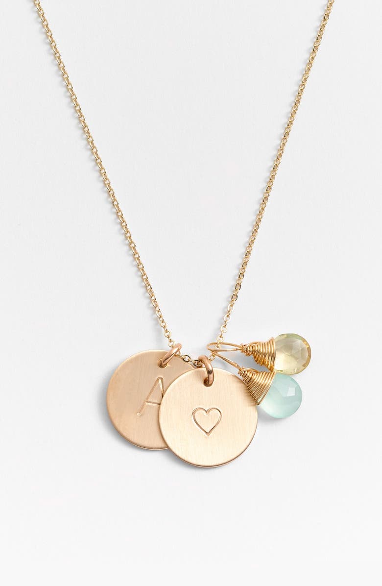 Nashelle Aqua Chalcedony, Lemon Quartz, Initial & Heart 14k-Gold Fill Disc Necklace, Main, color,