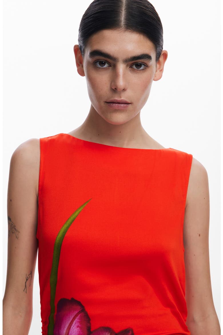 Placed Floral Sleeveless Asymmetric Midi Dress, Alternate, color, ORANGE RED