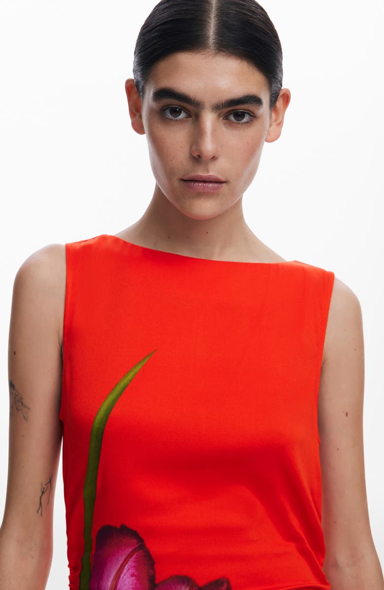 Desigual Placed Floral Sleeveless Asymmetric Midi Dress, Alternate, color, Orange Red