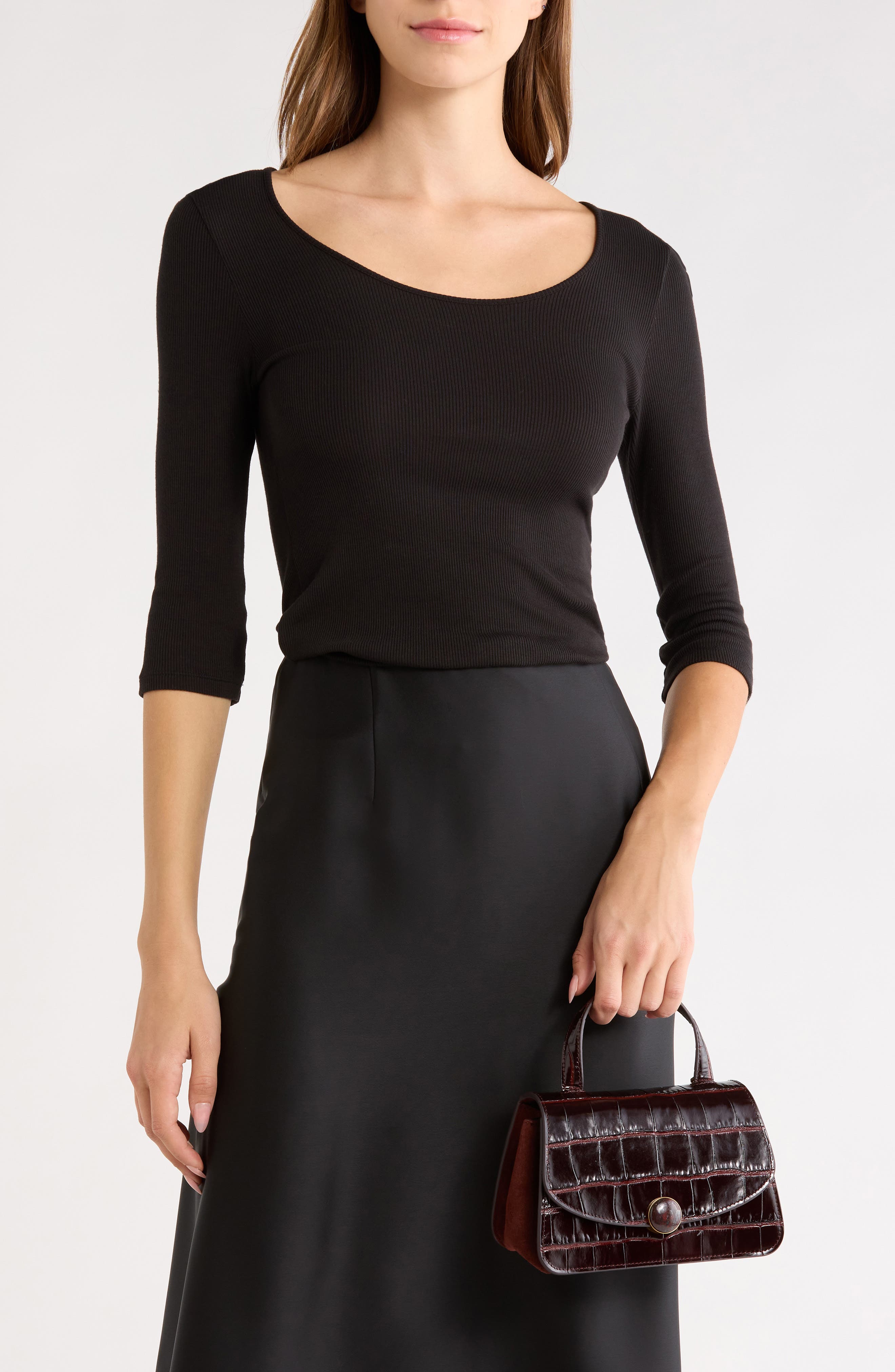 Flora Mini Croc Embossed Leather Top Handle Bag, Alternate, color, BLACK ROSE