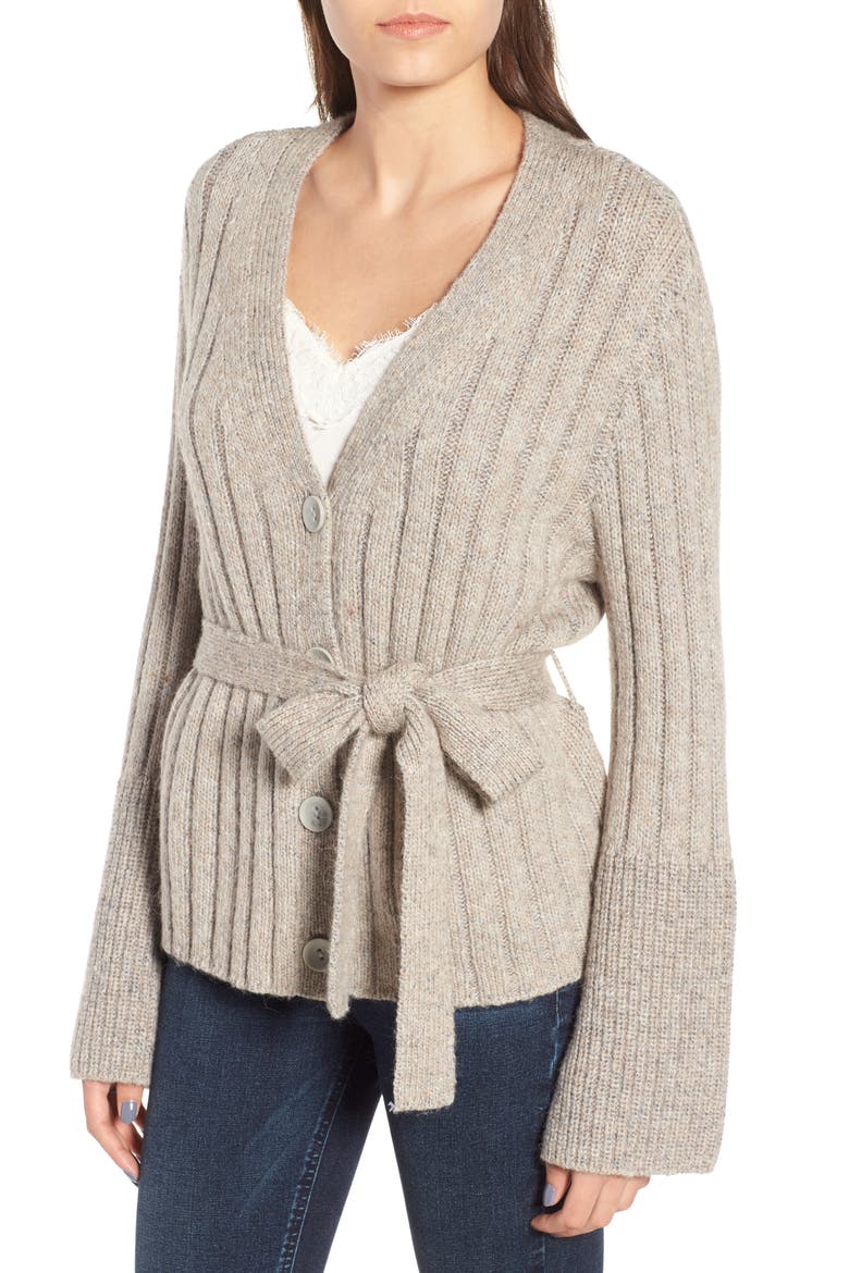Cozy Ribbed Tie Cardigan, Alternate, color, GREY PEBBLE