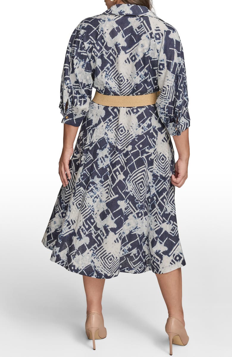 DONNA KARAN Belted Linen Blend Midi Dress, Alternate, color, Ink Multi