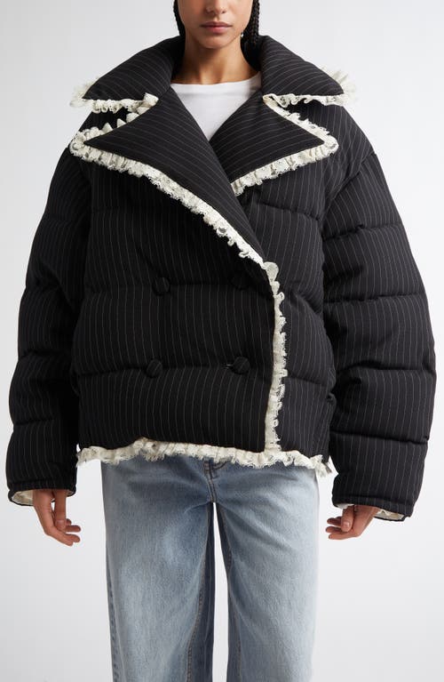 Tanner Fletcher Gender Inclusive Rita Pinstripe Lace Trim Quilted Puffer Jacket in Black Pinstripe 