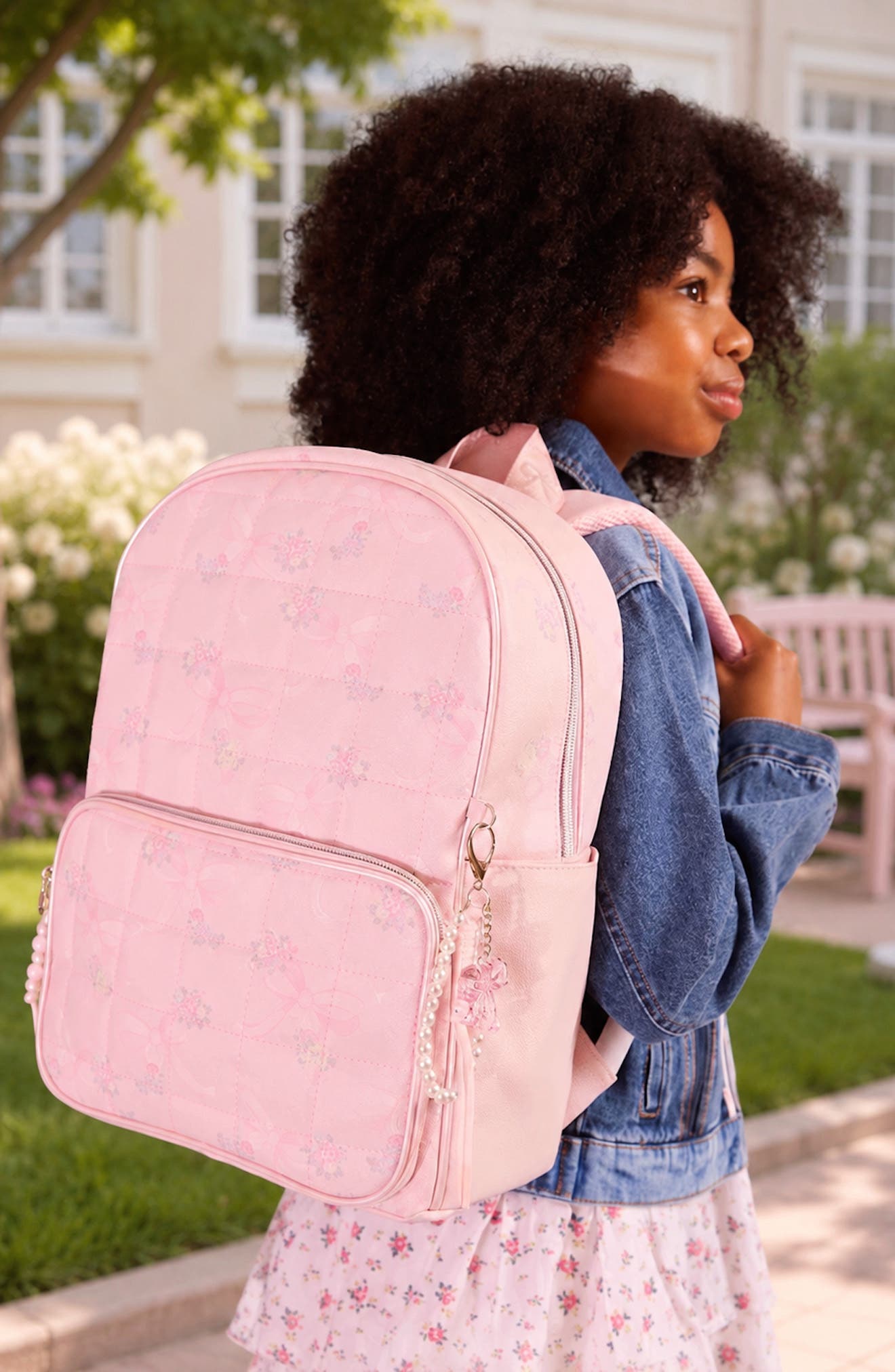 Large Bow Floral Quilted Backpack, Alternate, color, POWDER PINK