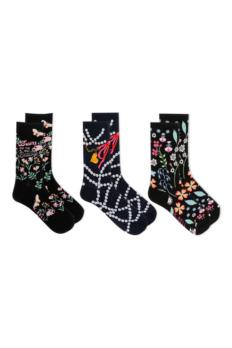 3-Pack Floral Pearls Crew Socks, Main, color, BAST