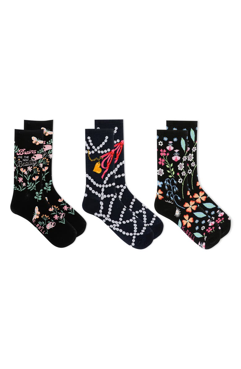 K Bell Socks 3-Pack Floral Pearls Crew Socks, Main, color,