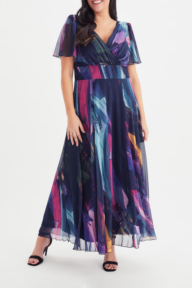 Isabelle Printed Angel Sleeve Dress, Alternate, color, Navy Abstract