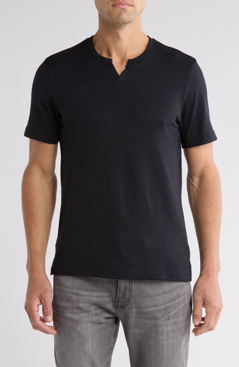 NORDSTROM RACK Cotton & Linen Blend Notch Neck Tee, Main, color, Black Caviar