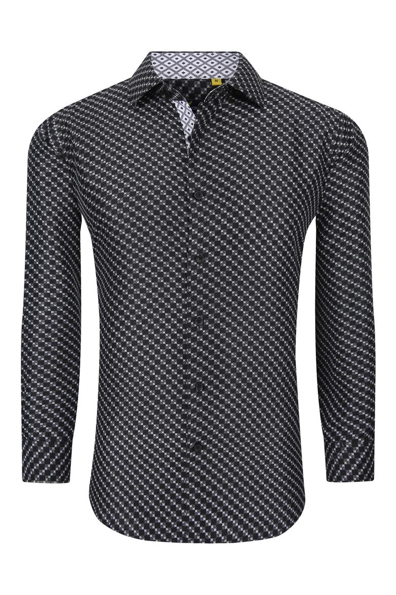 Slim Fit Geometric Print Performance Button-Up Shirt, Alternate, color, BLACK