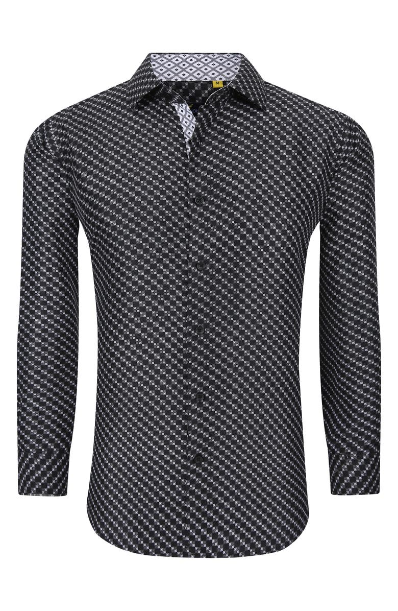 Azaro Uomo Slim Fit Geometric Print Performance Button-Up Shirt, Alternate, color, Black