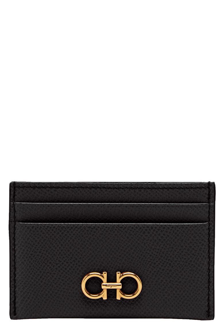 Gancini Leather Card Case, Main, color, NERO NERO