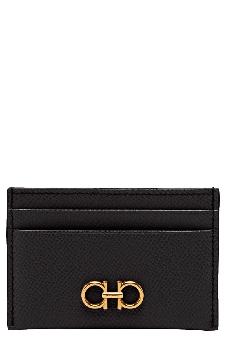 FERRAGAMO Gancini Leather Card Case, Main, color, Nero Nero
