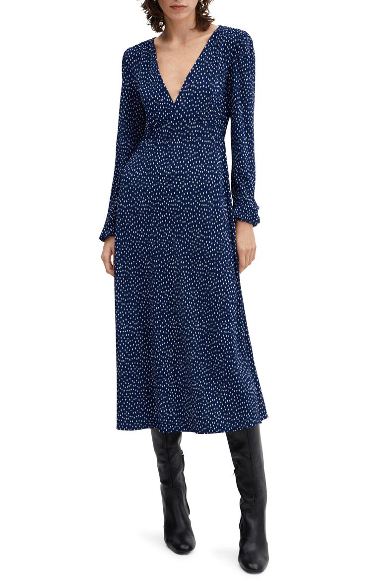 Polka Dot Long Sleeve Midi Dress, Main, color, BLUE