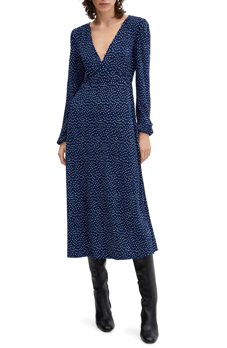MANGO Polka Dot Long Sleeve Midi Dress, Main, color, Blue