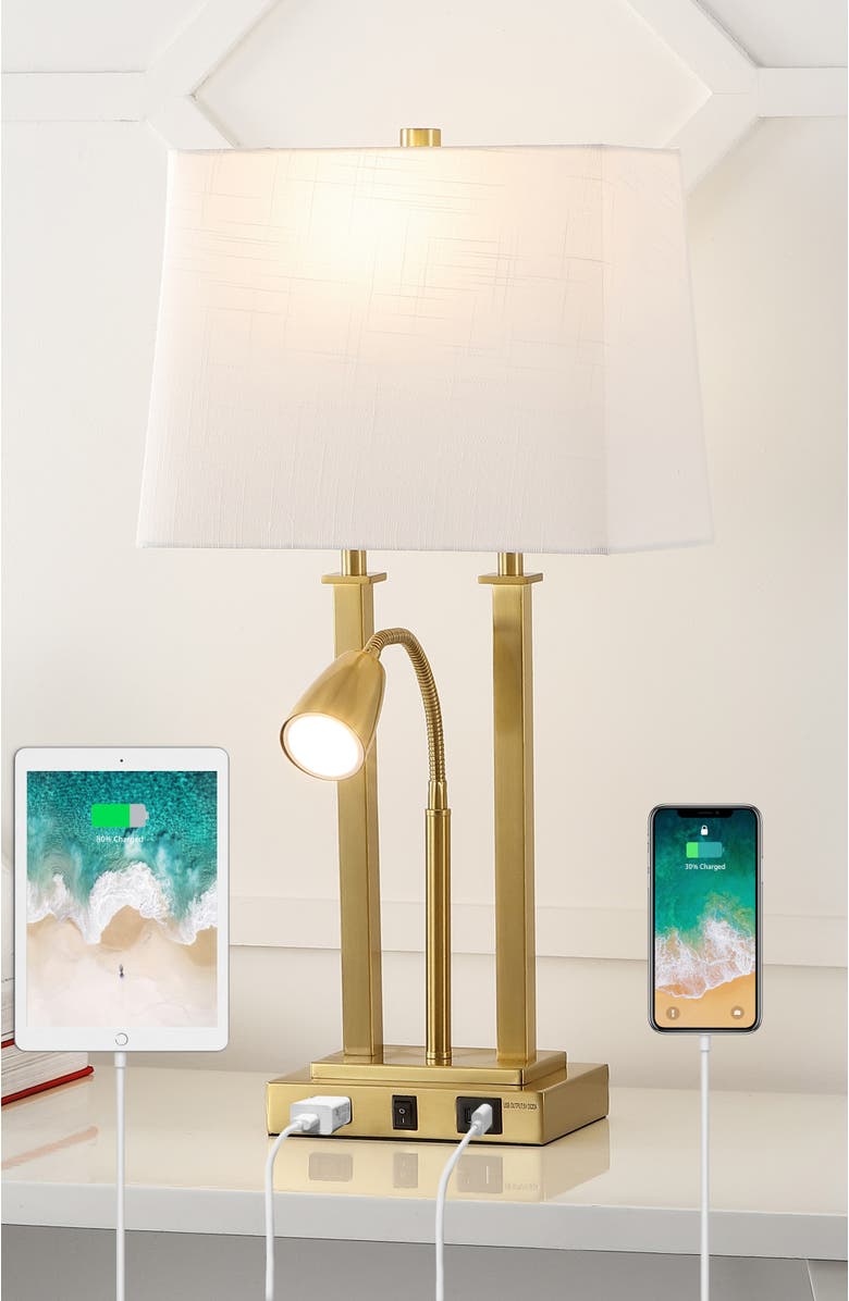 JONATHAN Y Blaire 23.75" 2-Light Modern Farmhouse Metal LED Table Lamp with USB Charging port, Alternate, color, Brass Gold