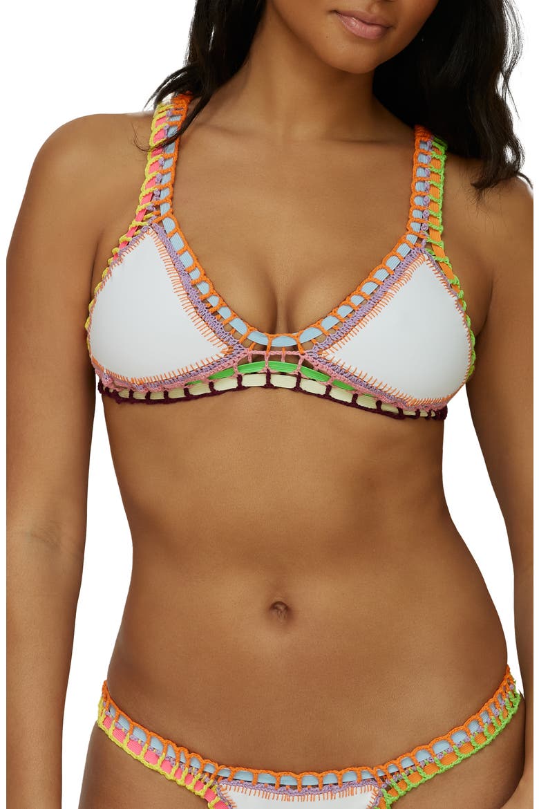 Colorful Whipstitch Trim Triangle Bikini Top, Main, color, WHITE