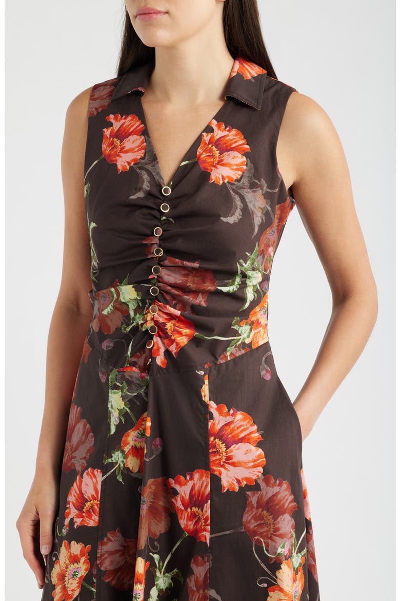 Shirred Bodice Sleeveless Stretch Cotton Midi Dress, Alternate, color, ESPRESSO FLORAL