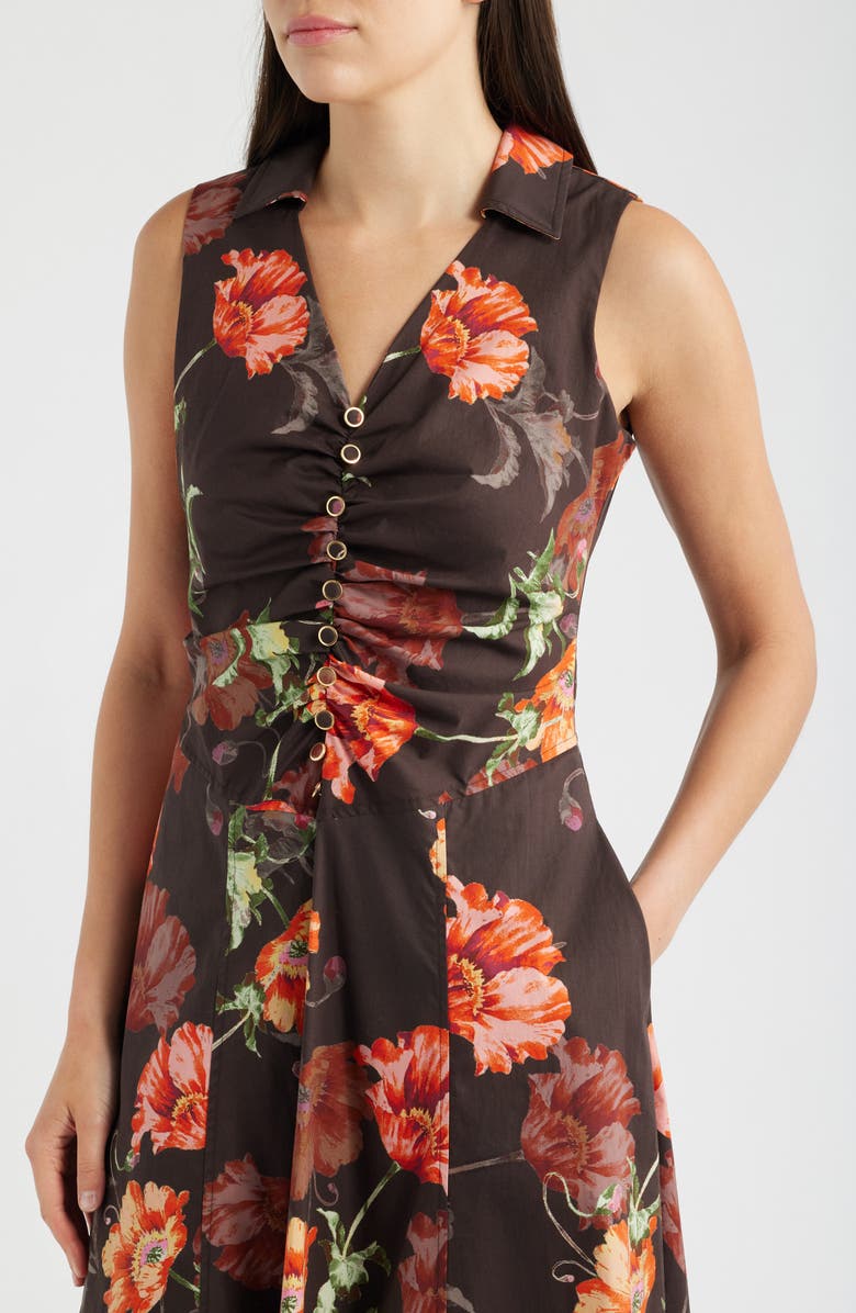 Tahari ASL Shirred Bodice Sleeveless Stretch Cotton Midi Dress, Alternate, color, Espresso Floral