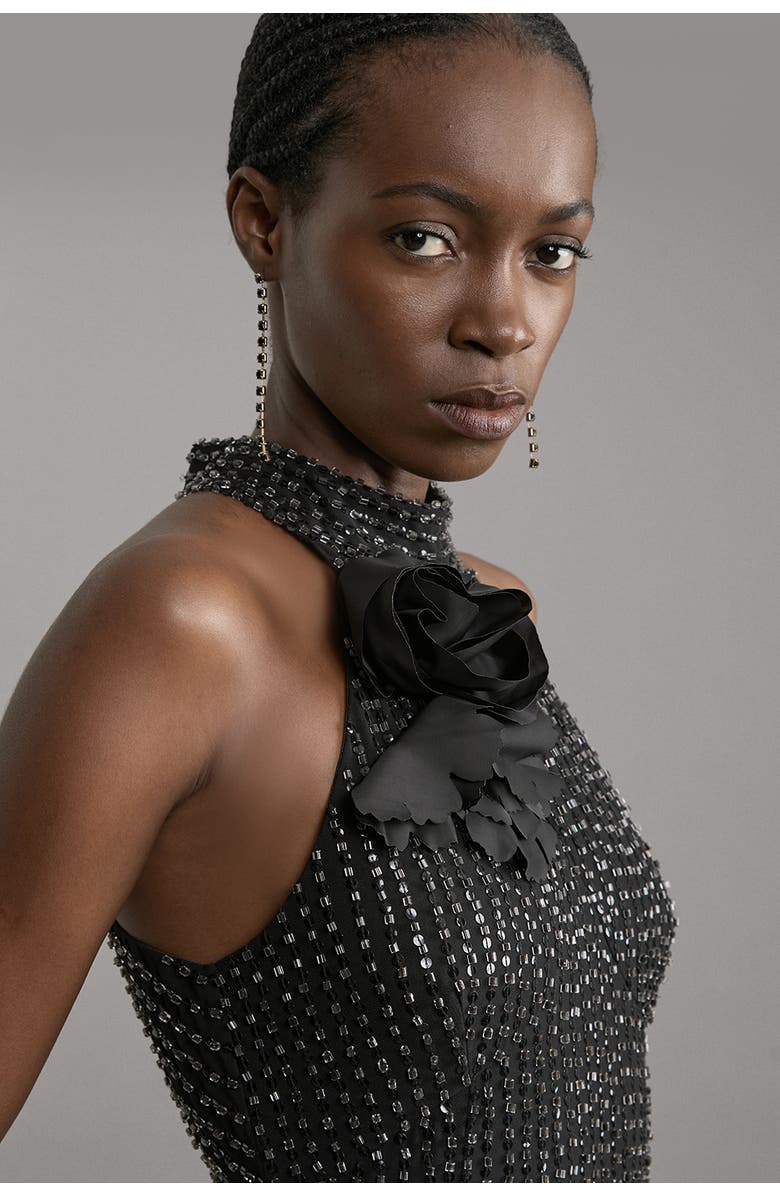 Karen Millen Woven Maxi Rosette Maxi Dress, Alternate, color, Black