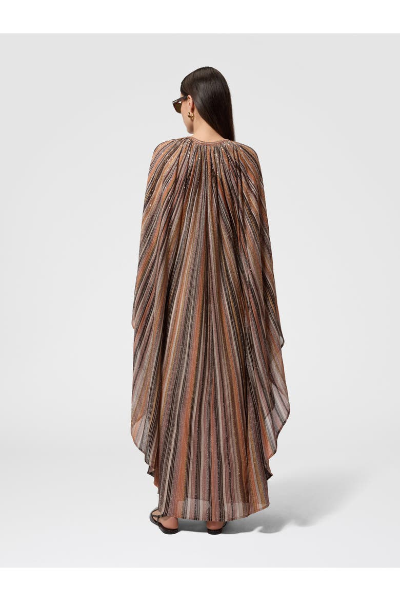 Long Caftan In Ribbed Viscose Lamé With Wide Sleeves, Alternate, color, Gold& Beige