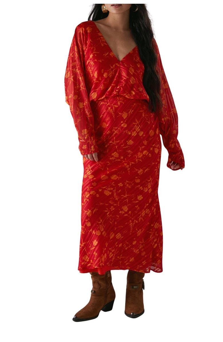 Warehouse Petite Shadow Stripe Neck Midi Dress, Alternate, color, Red