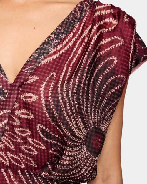 Santorelli Fallon Cap Sleeve Midi Fit And Flare Dress With Hi-lo Skirt In Silk Modern Gingham Floral Print In Cherry Cola