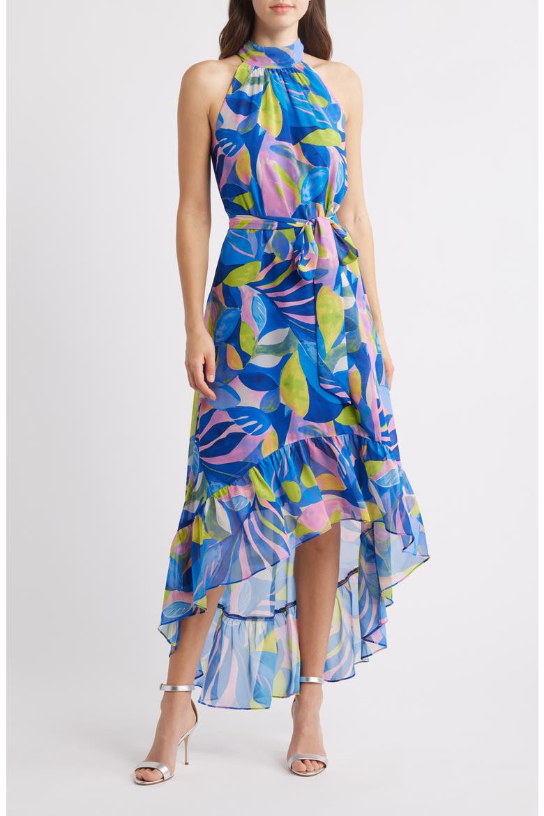 High-Low Halter Dress, Main, color, BLUE MULTI