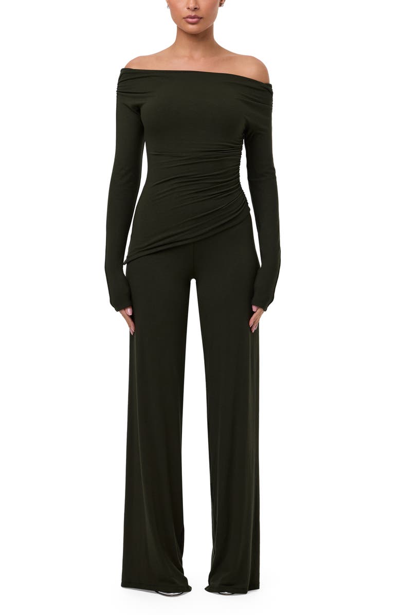 Naked Wardrobe Off the Shoulder Ruched Top, Alternate, color, Olive