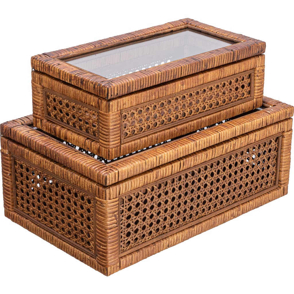 Storied Home Modern Decorative Rectangle Woven Rattan And Wood Display Boxes With Glass Top In Brown
