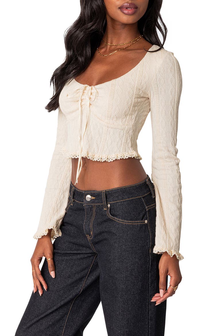 Lacey Long Sleeve Knit Crop Top, Alternate, color, CREAM