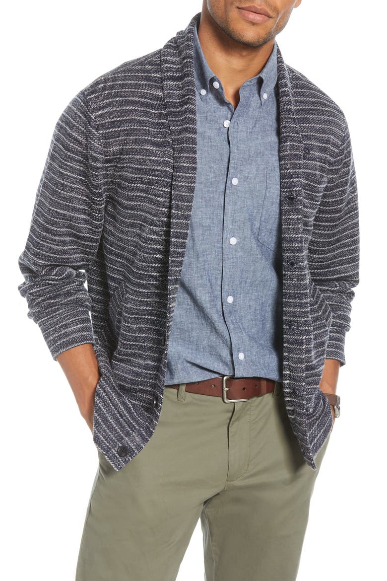 Shawl Collar Fleece Cardigan, Main, color, NAVY IRIS WHITE STRIPE