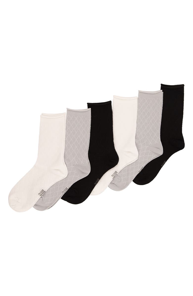 Felina Assorted 6-Pack Textured Mesh Roll Top Crew Socks, Main, color, Black/ Grey/ White