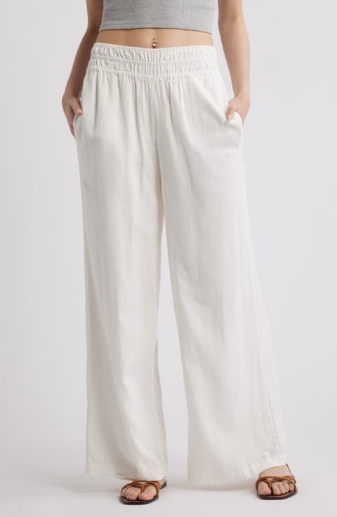 Linen Blend Smocked Waist Wide Leg Pants