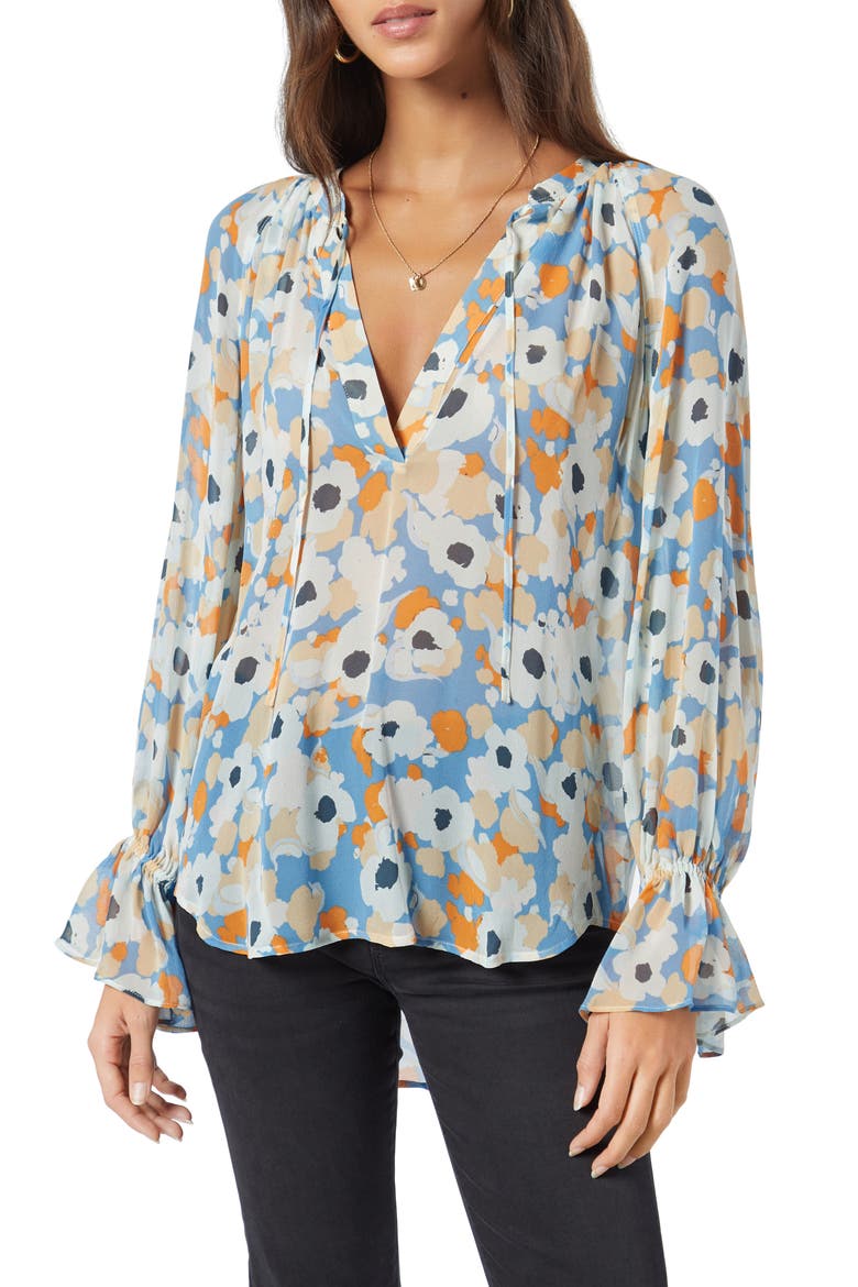 Cecarina Floral Print Silk Popover Blouse, Main, color, PERSIMMON BLUE MULTI