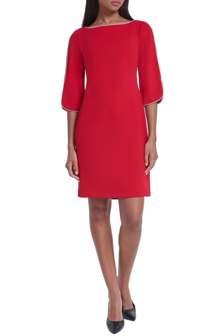 Pearly Bead Scuba Crepe Sheath Dress, Main, color, ADMIRAL RED