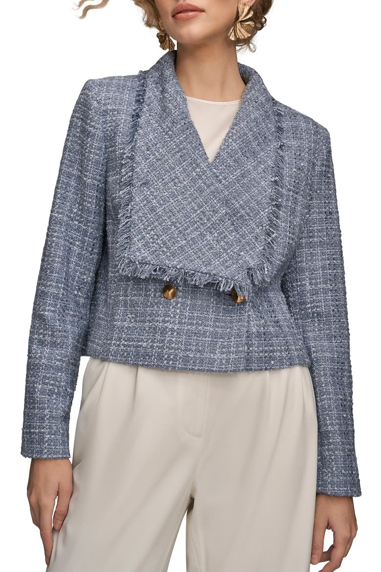 Fringed Double Breasted Crop Bouclé Jacket, Main, color, TEMPEST